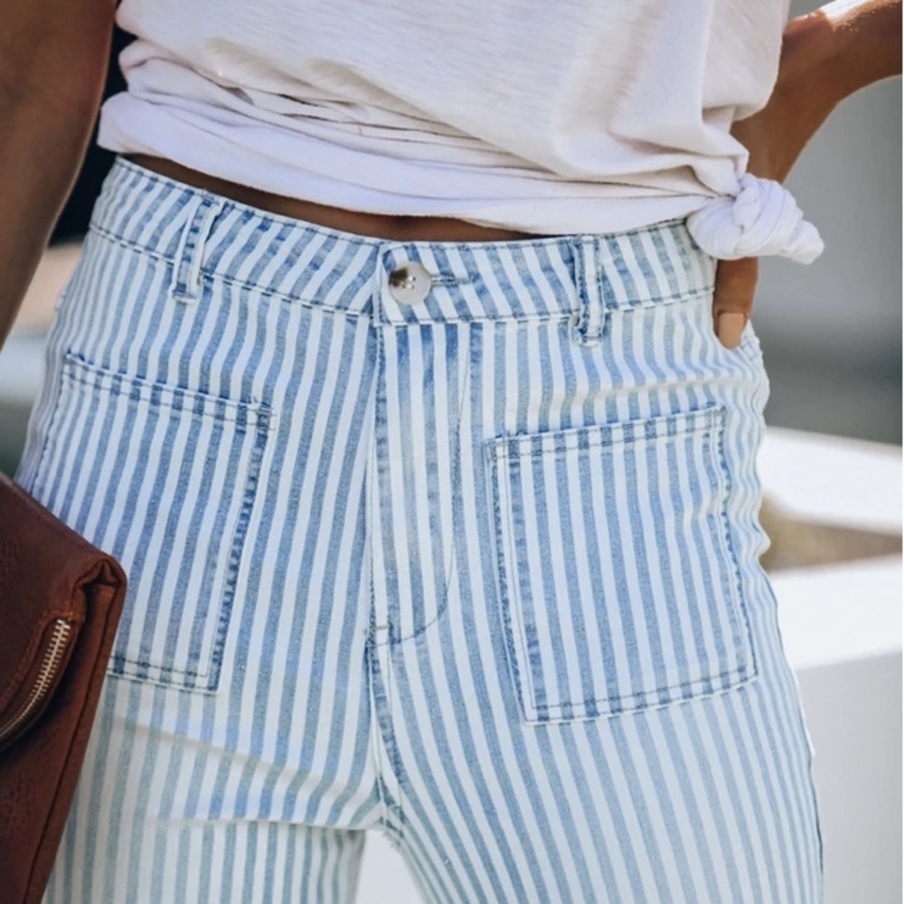 POCKETED STRIPED BELL BOTTOM DENIM PANTS - MEDIUM - Picture 7 of 11